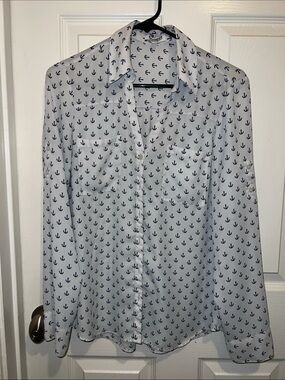 Express White Button-Down Shirt with Navy Anchor Print